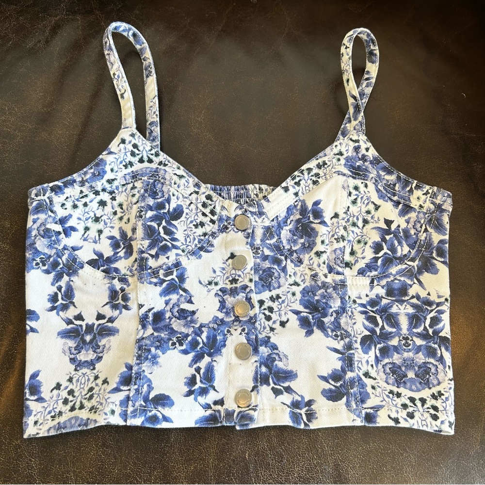Blue Floral Women's Crop Top Size L
